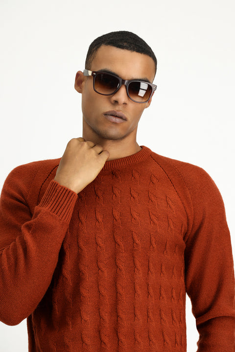 Tile-colored Crew Neck Regular Fit Patterned Knit Sweater