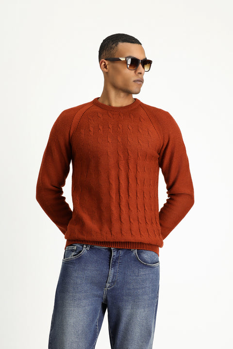 Tile-colored Crew Neck Regular Fit Patterned Knit Sweater