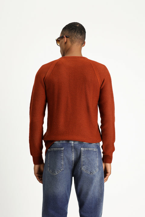 Tile-colored Crew Neck Regular Fit Patterned Knit Sweater