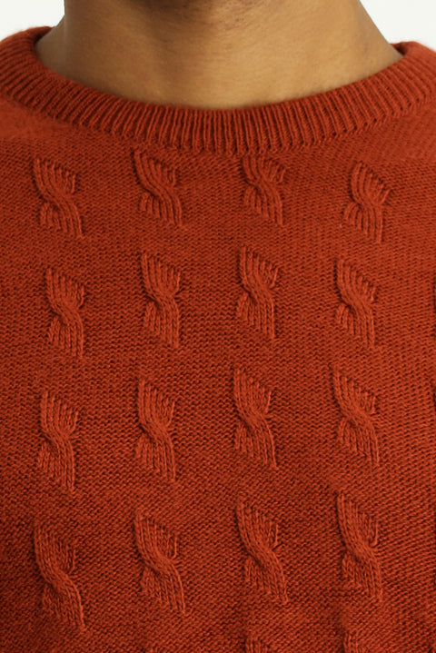 Tile-colored Crew Neck Regular Fit Patterned Knit Sweater