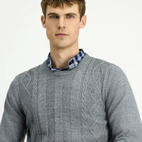 Medium Grey Melange Crew Neck Regular Fit Patterned Knit Sweater