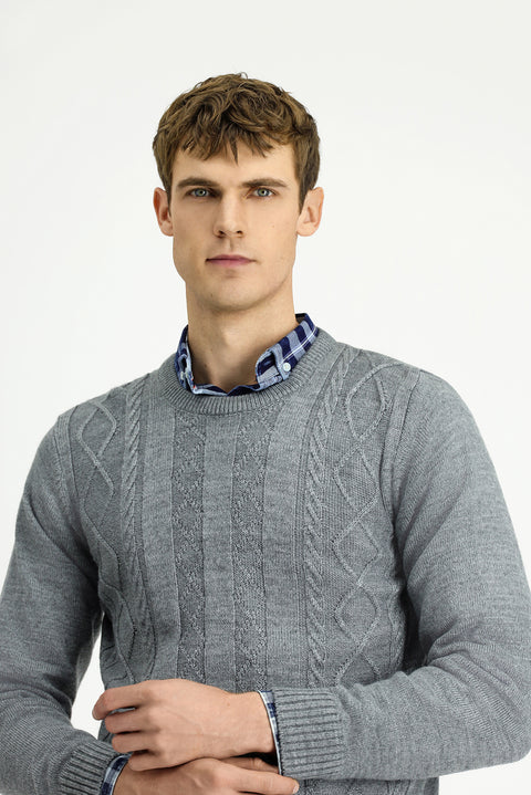 Medium Grey Melange Crew Neck Regular Fit Patterned Knit Sweater