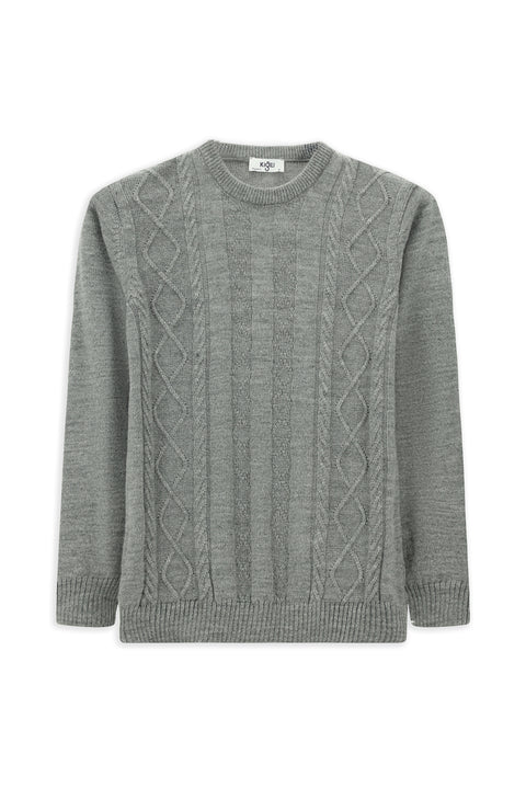 Medium Grey Melange Crew Neck Regular Fit Patterned Knit Sweater