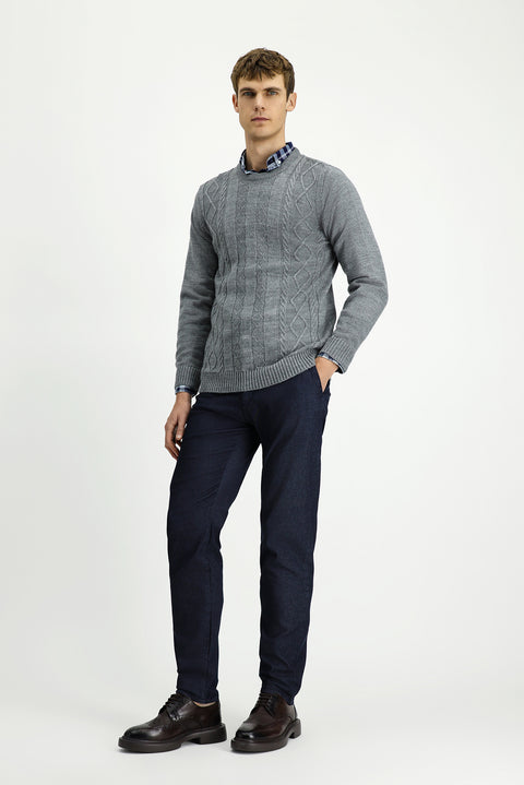 Medium Grey Melange Crew Neck Regular Fit Patterned Knit Sweater