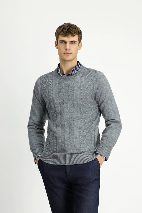 Medium Grey Melange Crew Neck Regular Fit Patterned Knit Sweater