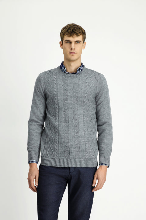 Medium Grey Melange Crew Neck Regular Fit Patterned Knit Sweater