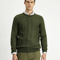 Medium Khaki Crew Neck Regular Fit Patterned Knit Sweater
