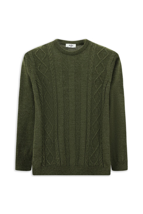 Medium Khaki Crew Neck Regular Fit Patterned Knit Sweater