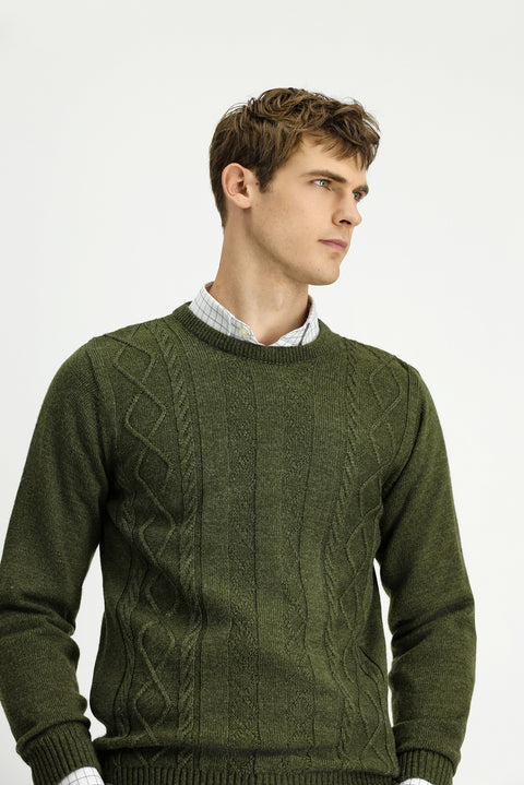 Medium Khaki Crew Neck Regular Fit Patterned Knit Sweater