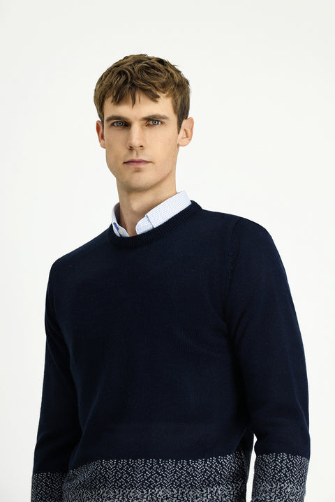 Dark Navy Crew Neck Regular Fit Patterned Knit Sweater