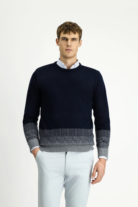 Dark Navy Crew Neck Regular Fit Patterned Knit Sweater