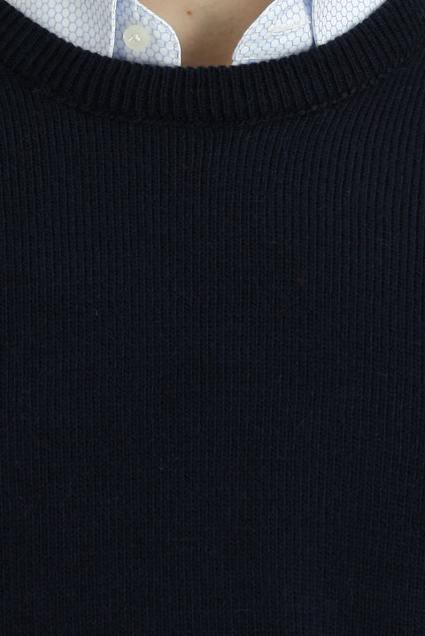 Dark Navy Crew Neck Regular Fit Patterned Knit Sweater