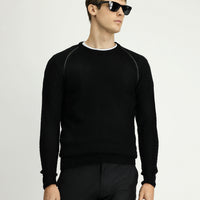 Black Crew Neck Regular Fit Patterned Knit Sweater