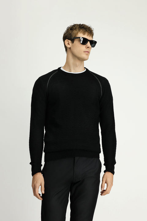 Black Crew Neck Regular Fit Patterned Knit Sweater