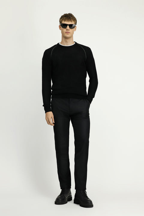 Black Crew Neck Regular Fit Patterned Knit Sweater