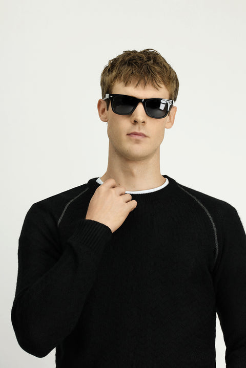 Black Crew Neck Regular Fit Patterned Knit Sweater