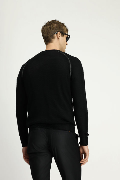 Black Crew Neck Regular Fit Patterned Knit Sweater