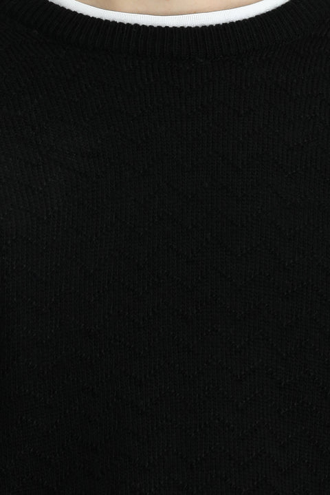 Black Crew Neck Regular Fit Patterned Knit Sweater