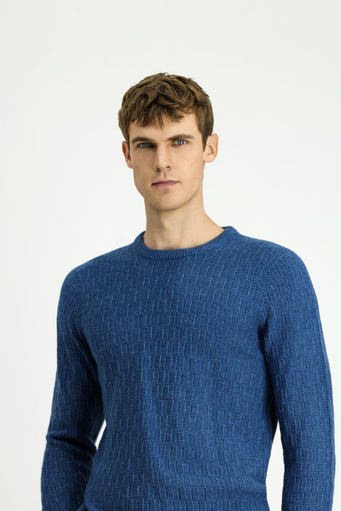 Indigo Crew Neck Regular Fit Patterned Knit Sweater