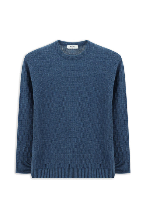 Indigo Crew Neck Regular Fit Patterned Knit Sweater