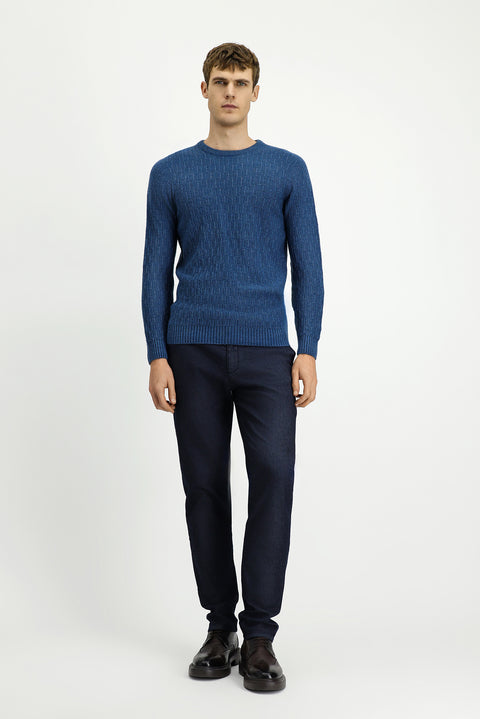 Indigo Crew Neck Regular Fit Patterned Knit Sweater