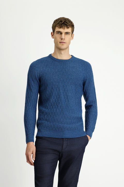 Indigo Crew Neck Regular Fit Patterned Knit Sweater