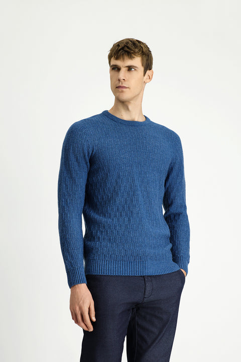 Indigo Crew Neck Regular Fit Patterned Knit Sweater