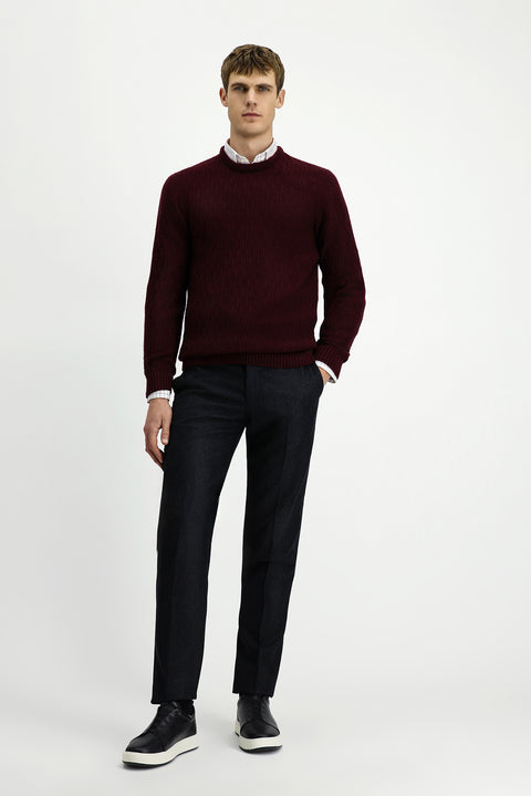 Dark Burgundy Crew Neck Regular Fit Patterned Knit Sweater