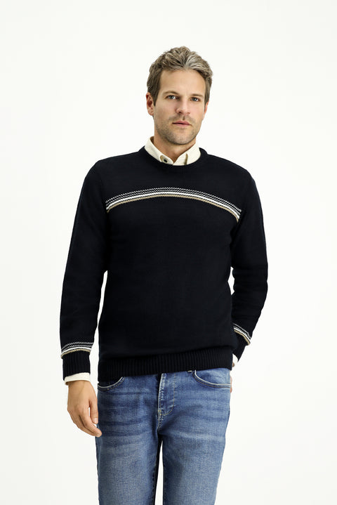 Dark Navy Crew Neck Regular Fit Patterned Knit Sweater