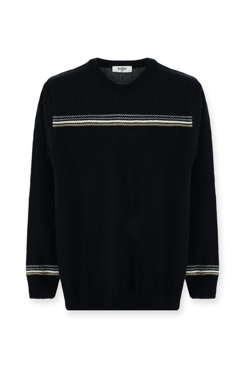 Dark Navy Crew Neck Regular Fit Patterned Knit Sweater