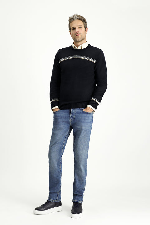 Dark Navy Crew Neck Regular Fit Patterned Knit Sweater