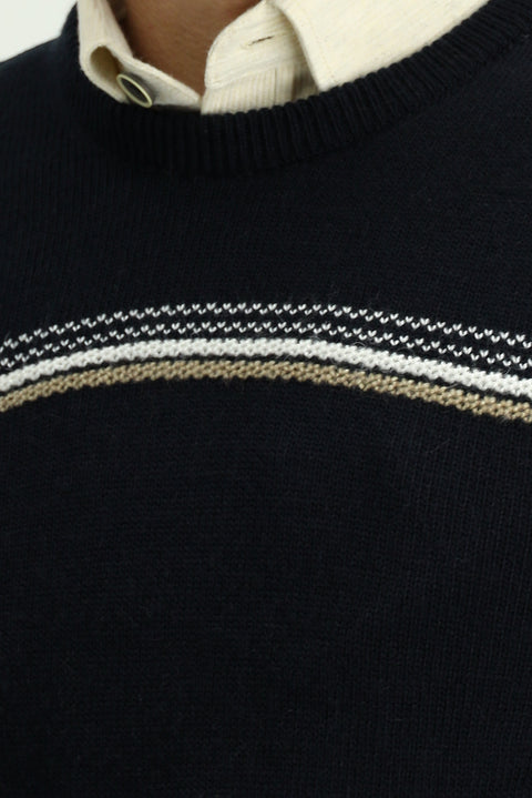 Dark Navy Crew Neck Regular Fit Patterned Knit Sweater