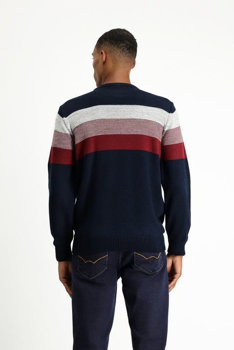 Medium Navy Crew Neck Regular Fit Striped Knit Sweater