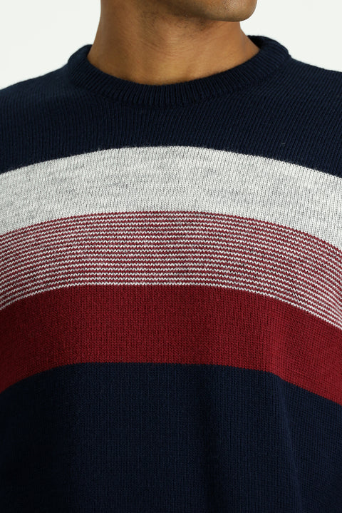 Medium Navy Crew Neck Regular Fit Striped Knit Sweater