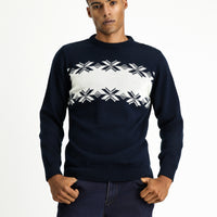 Medium Navy Crew Neck Regular Fit Patterned Knit Sweater