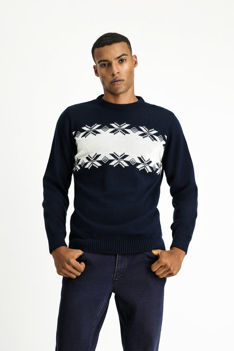 Medium Navy Crew Neck Regular Fit Patterned Knit Sweater