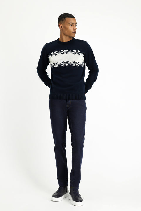 Medium Navy Crew Neck Regular Fit Patterned Knit Sweater