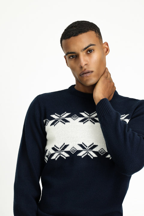 Medium Navy Crew Neck Regular Fit Patterned Knit Sweater