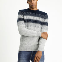 Light Grey Melange Crew Neck Regular Fit Patterned Knit Sweater