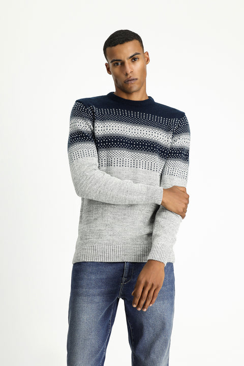 Light Grey Melange Crew Neck Regular Fit Patterned Knit Sweater