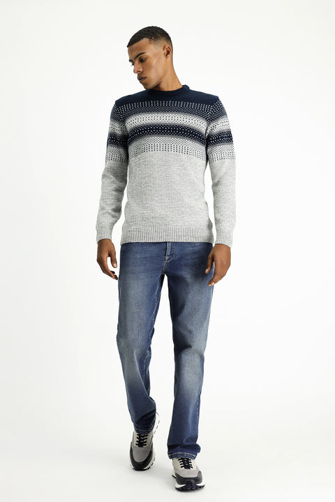 Light Grey Melange Crew Neck Regular Fit Patterned Knit Sweater