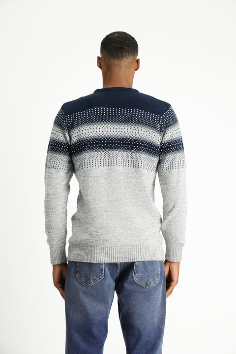 Light Grey Melange Crew Neck Regular Fit Patterned Knit Sweater