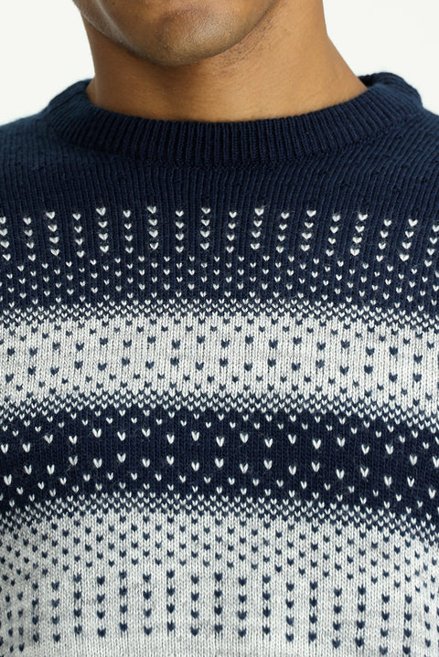 Light Grey Melange Crew Neck Regular Fit Patterned Knit Sweater