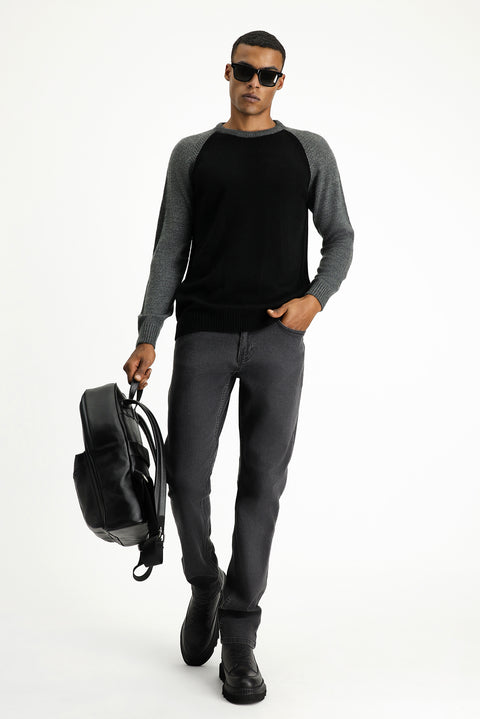 Black Crew Neck Regular Fit Seamless Patterned Knit Sweater