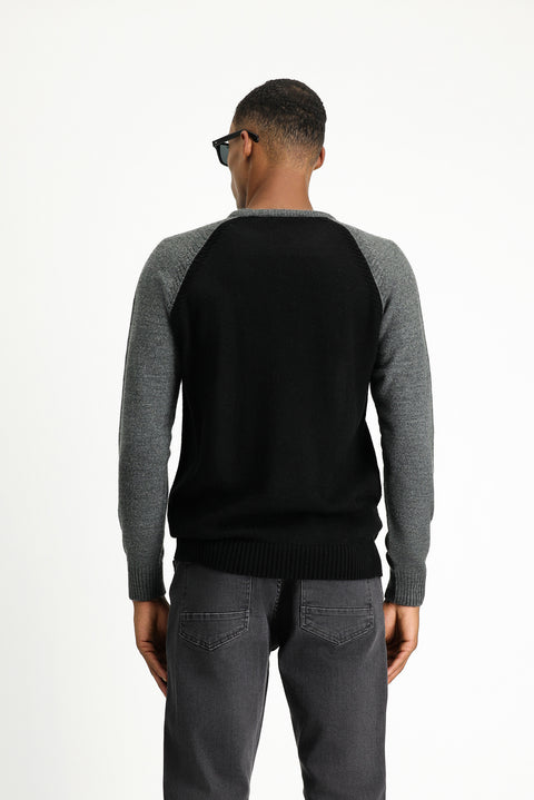 Black Crew Neck Regular Fit Seamless Patterned Knit Sweater