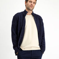 Medium Navy Blue Stand Collar Buttoned Regular Fit Patterned Wool Knit Cardigan