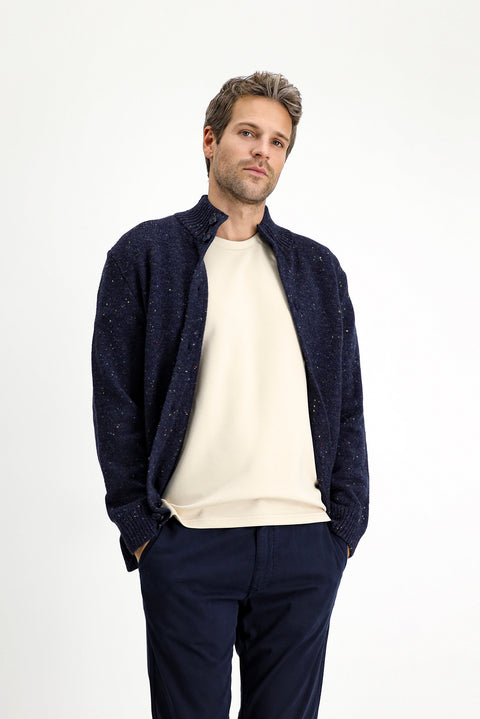 Medium Navy Blue Stand Collar Buttoned Regular Fit Patterned Wool Knit Cardigan