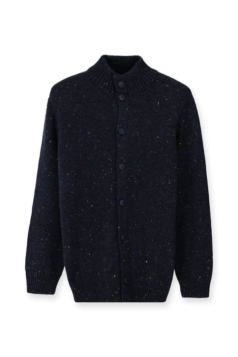Medium Navy Blue Stand Collar Buttoned Regular Fit Patterned Wool Knit Cardigan