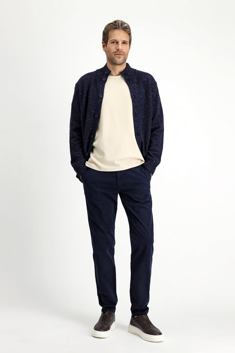 Medium Navy Blue Stand Collar Buttoned Regular Fit Patterned Wool Knit Cardigan