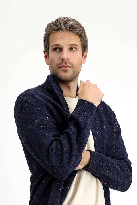 Medium Navy Blue Stand Collar Buttoned Regular Fit Patterned Wool Knit Cardigan